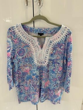 Talbots Blue & Pink Embroidered V-Neck Tunic